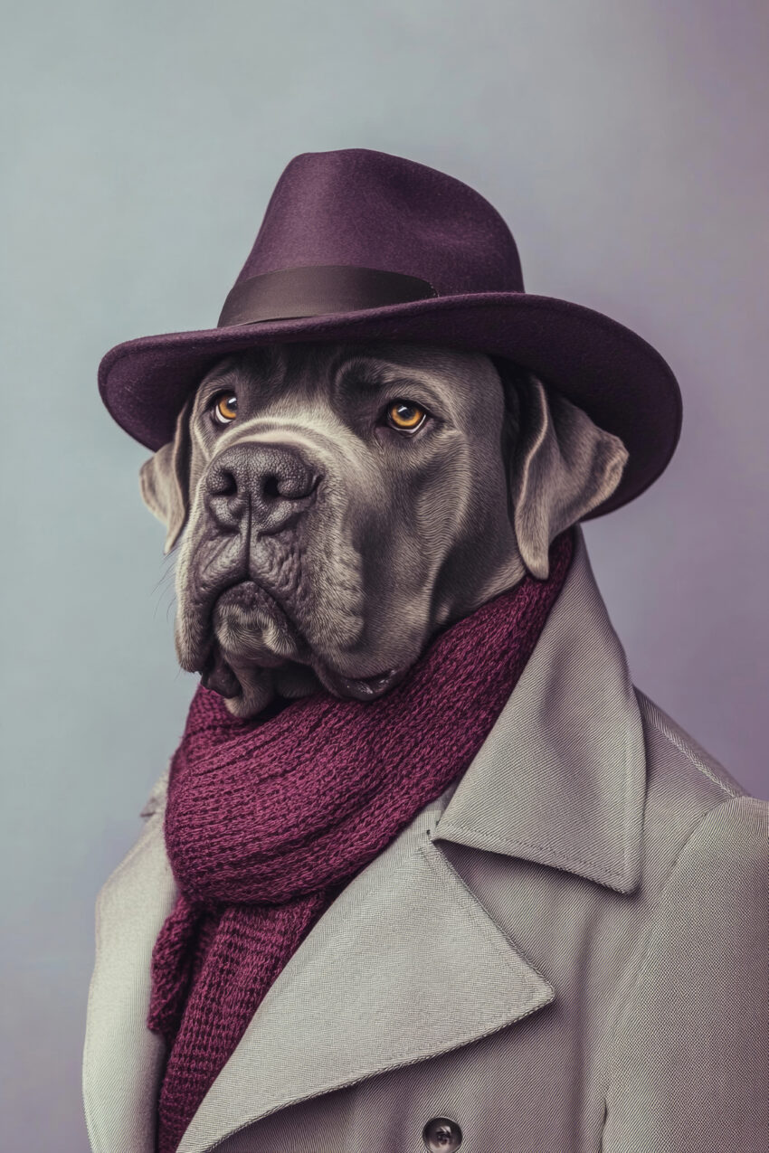 Fotografie Poster Dogge mit Hut und Schal grau lila
