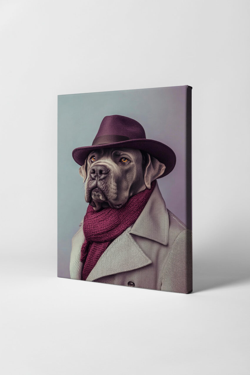 Fotografie Poster Dogge mit Hut und Schal grau lila