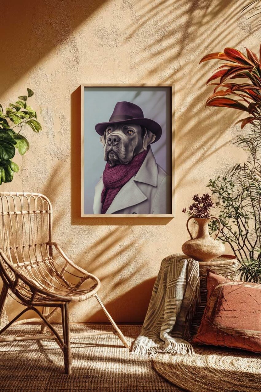 Fotografie Poster Dogge mit Hut und Schal grau lila