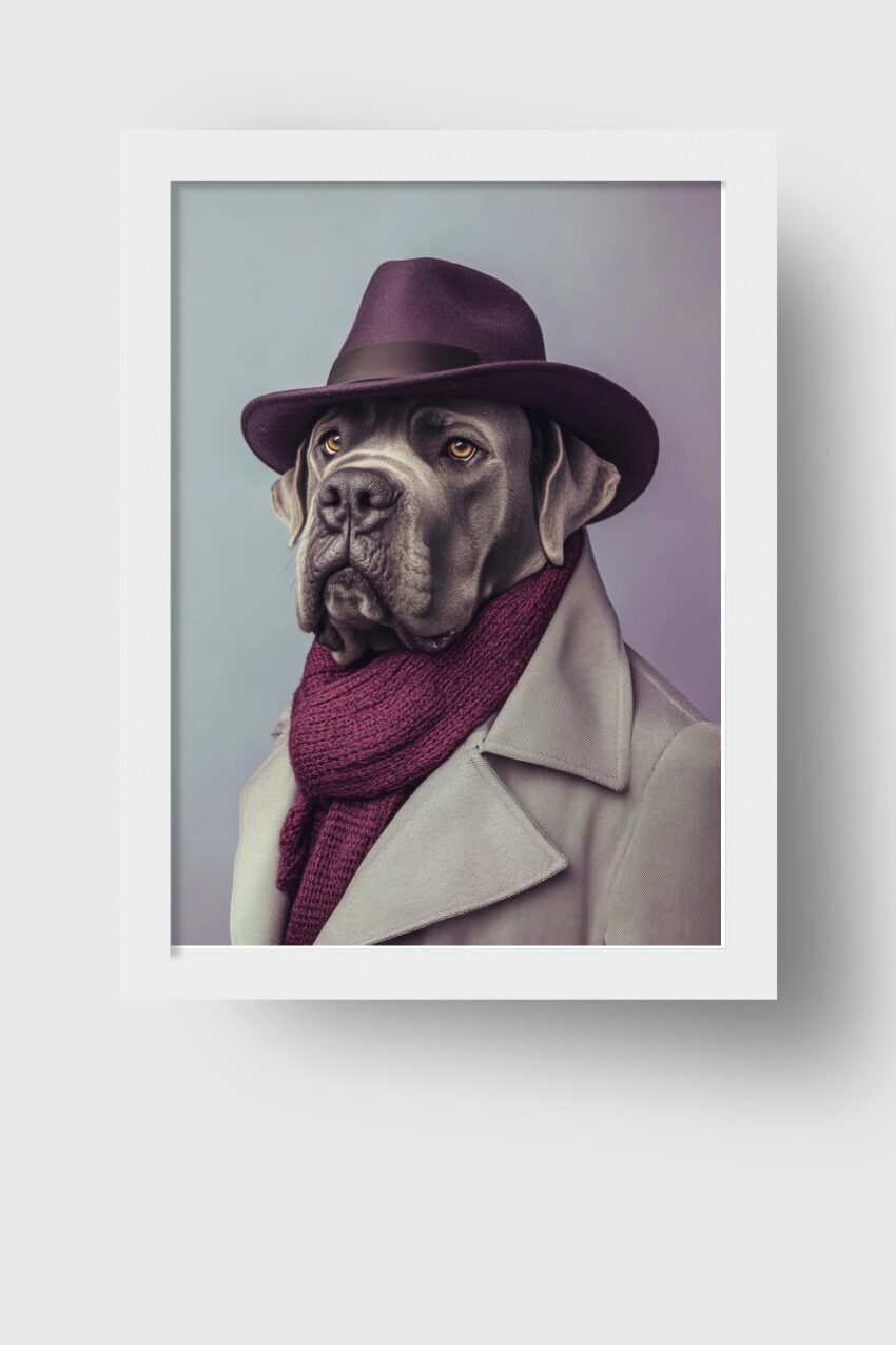 Fotografie Poster Dogge mit Hut und Schal grau lila