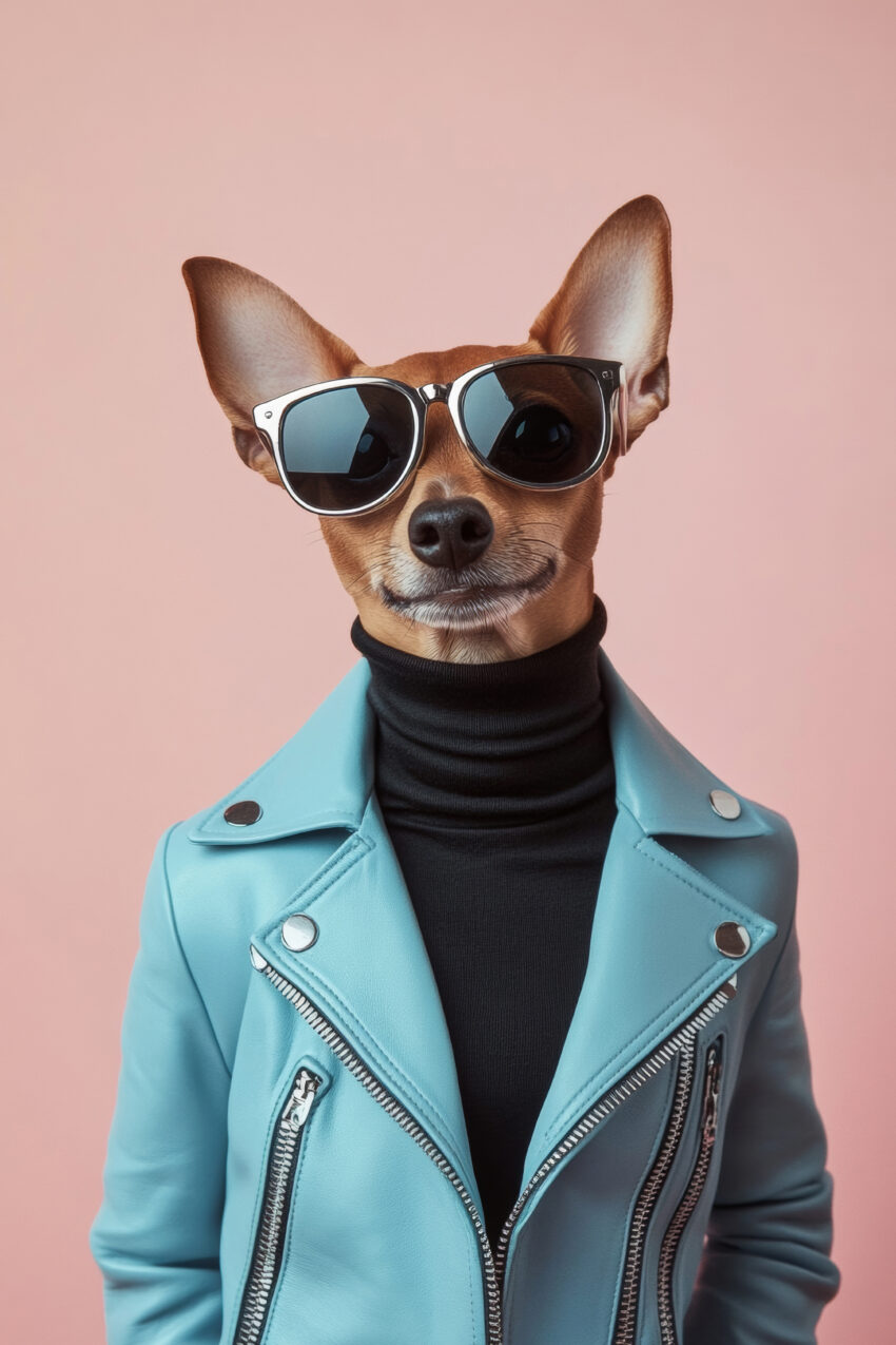 Fotografie Poster Hund Sonnenbrille Lederjacke cool blau
