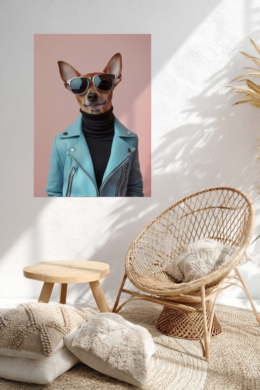 Fotografie Poster Hund Sonnenbrille Lederjacke cool blau