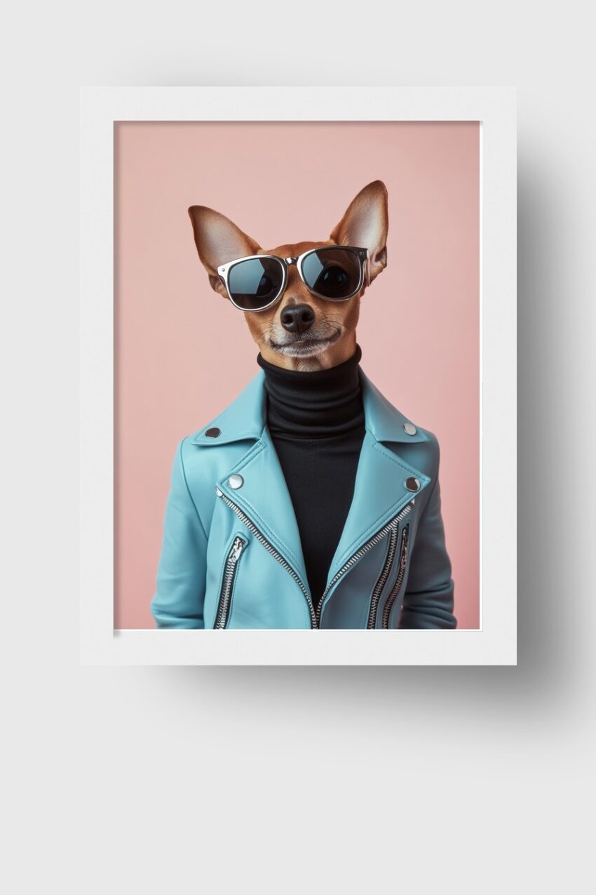 Fotografie Poster Hund Sonnenbrille Lederjacke cool blau