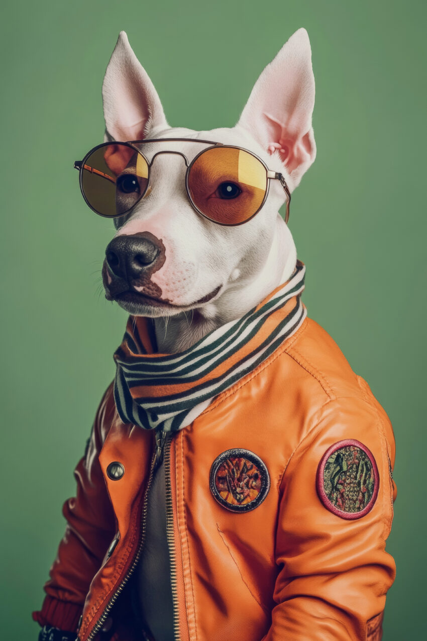 Fotografie Poster Hund weiß Jacke Sonnenbrille orange