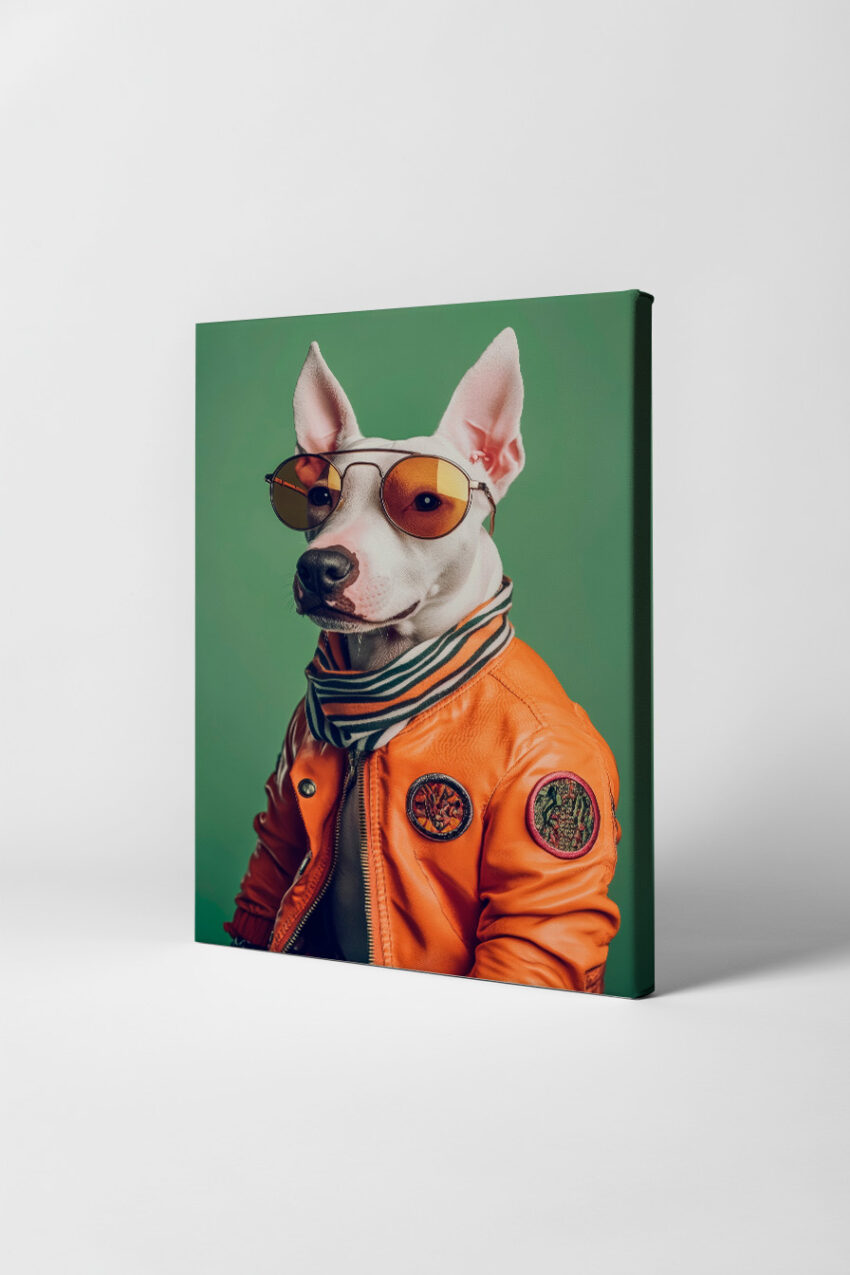 Fotografie Poster Hund weiß Jacke Sonnenbrille orange