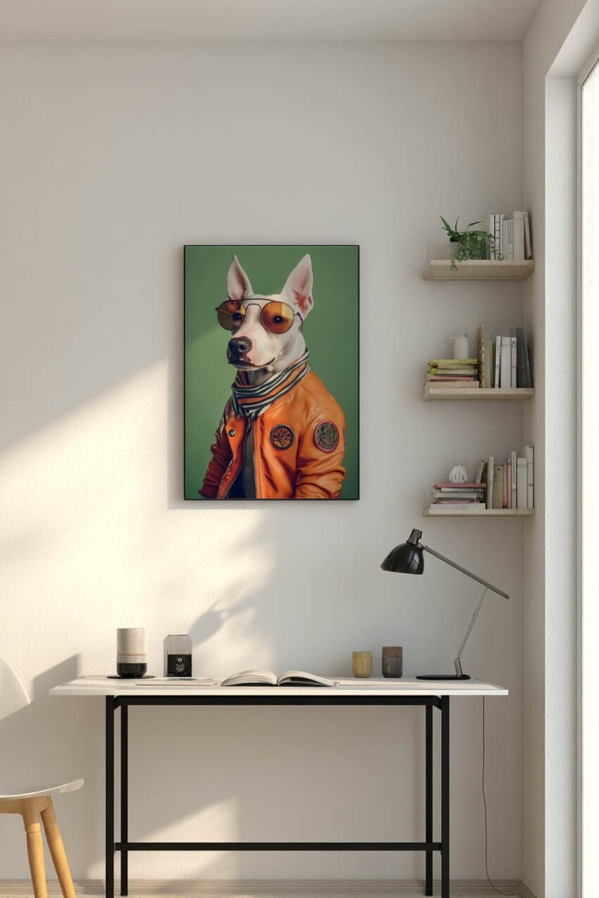 Fotografie Poster Hund weiß Jacke Sonnenbrille orange