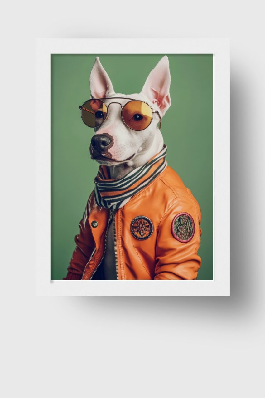 Fotografie Poster Hund weiß Jacke Sonnenbrille orange