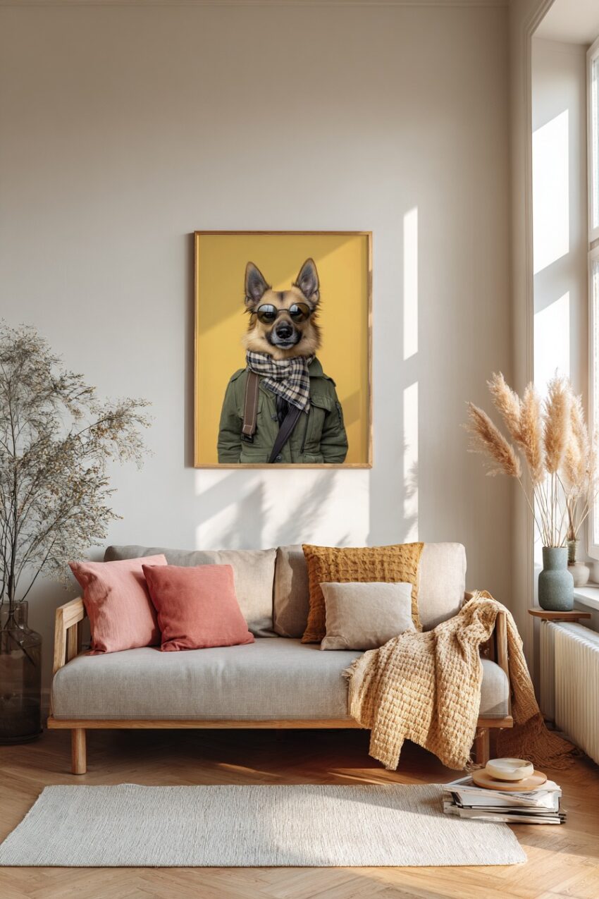 Fotografie Poster Hund Sonnenbrille Schal olivgrün
