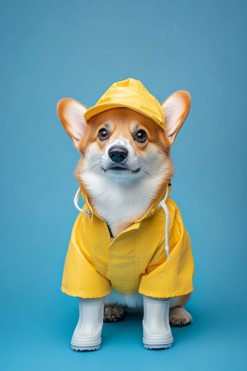 Fotografie Poster Corgi Gelber Regenmantel Weiß