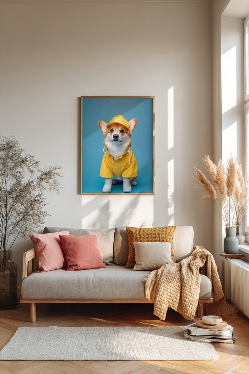 Fotografie Poster Corgi Gelber Regenmantel Weiß