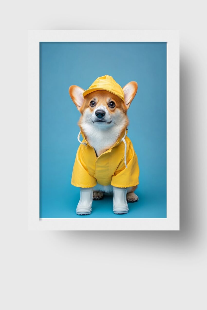 Fotografie Poster Corgi Gelber Regenmantel Weiß