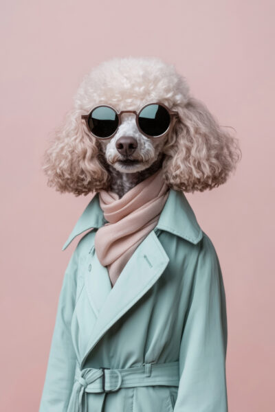 Pudel mit Mantel und Sonnenbrille Gerahmt