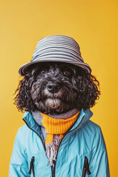 Hund mit Hut und Schal Gerahmt