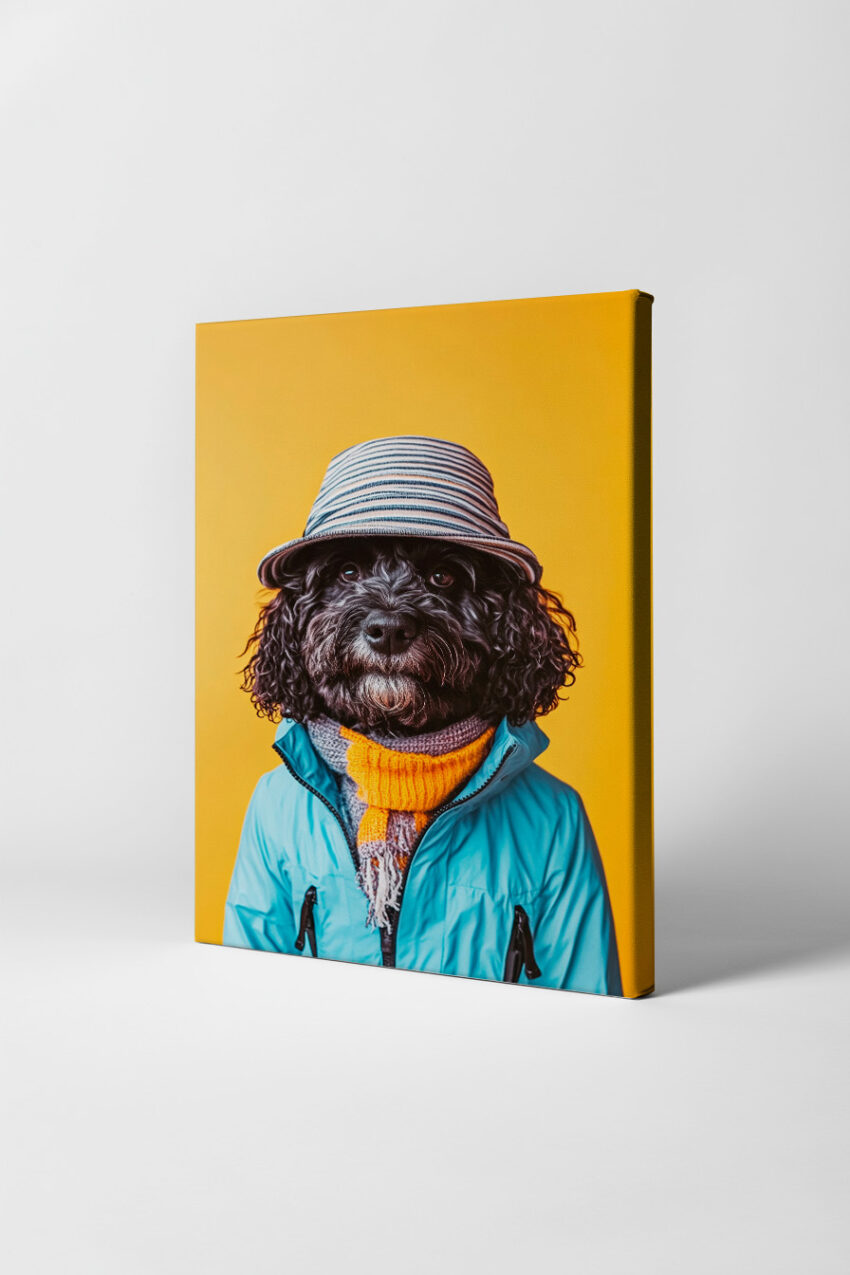 Fotografie Poster Hund Kleidung gelb blau