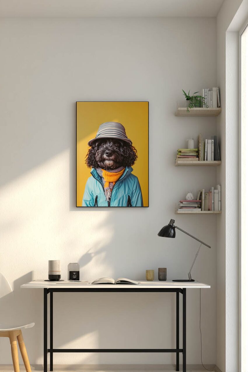 Fotografie Poster Hund Kleidung gelb blau