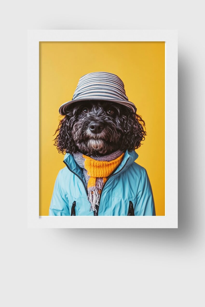 Fotografie Poster Hund Kleidung gelb blau