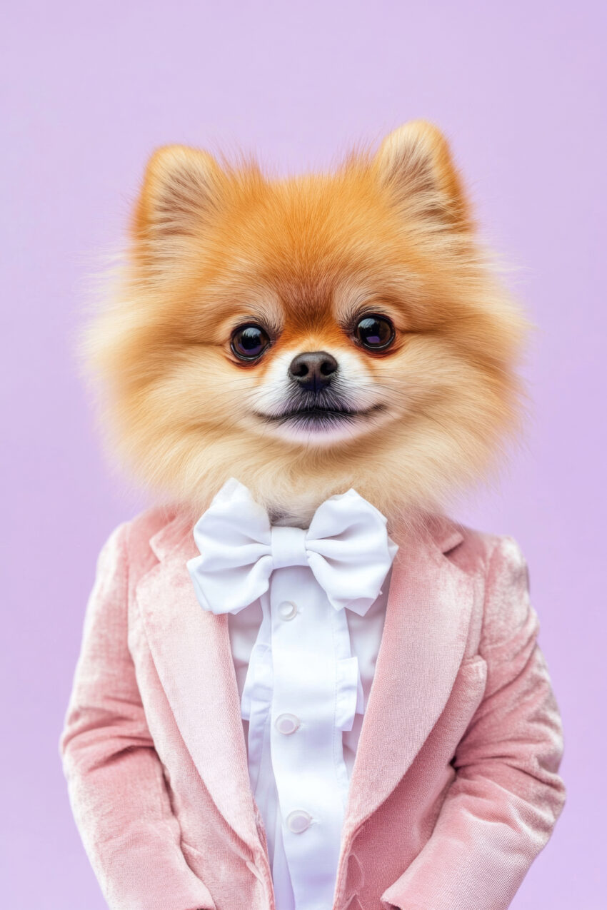 Fotografie Poster Pomeranian weiß Fliege rosafarbener Anzug