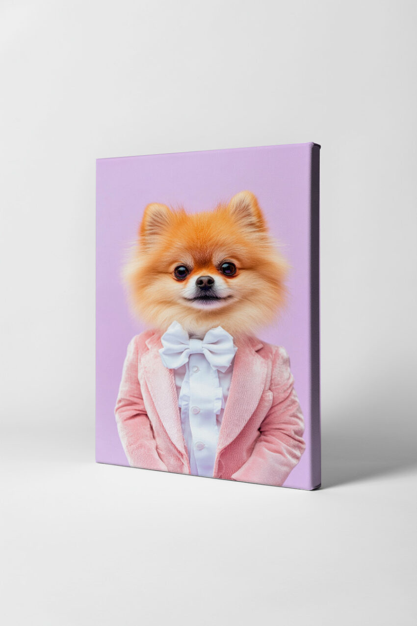 Fotografie Poster Pomeranian weiß Fliege rosafarbener Anzug
