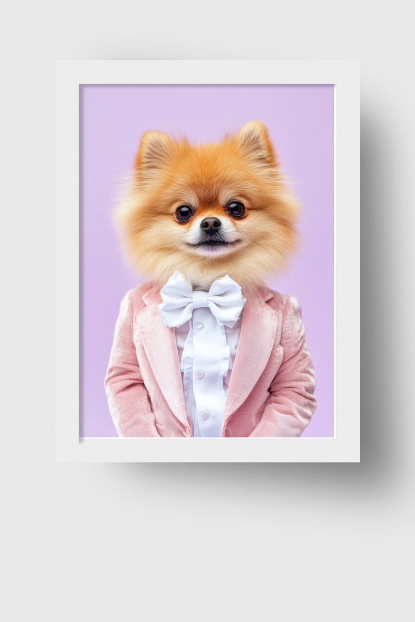 Fotografie Poster Pomeranian weiß Fliege rosafarbener Anzug