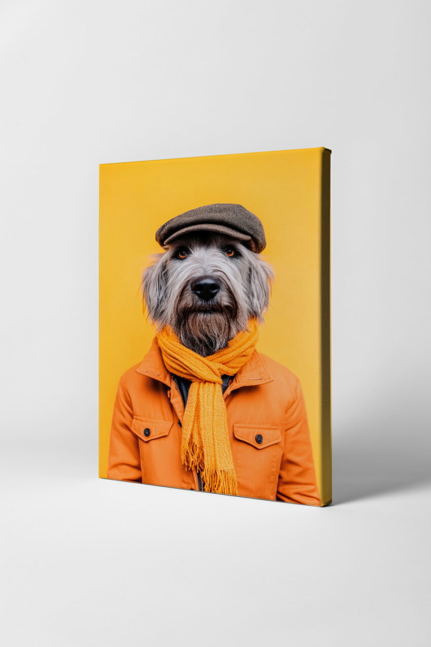 Fotografie Poster Hund mit Mütze und Schal frontal gelb