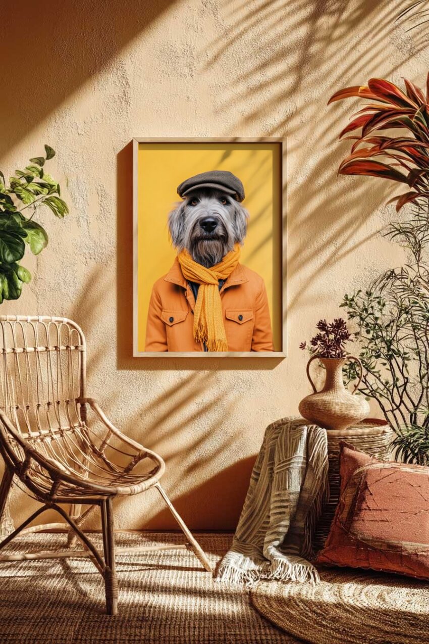 Fotografie Poster Hund mit Mütze und Schal frontal gelb