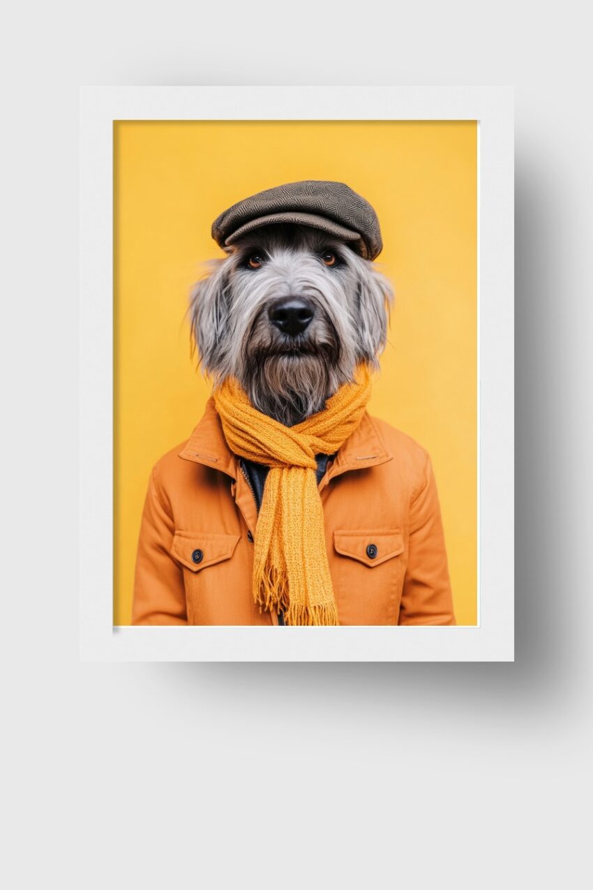 Fotografie Poster Hund mit Mütze und Schal frontal gelb