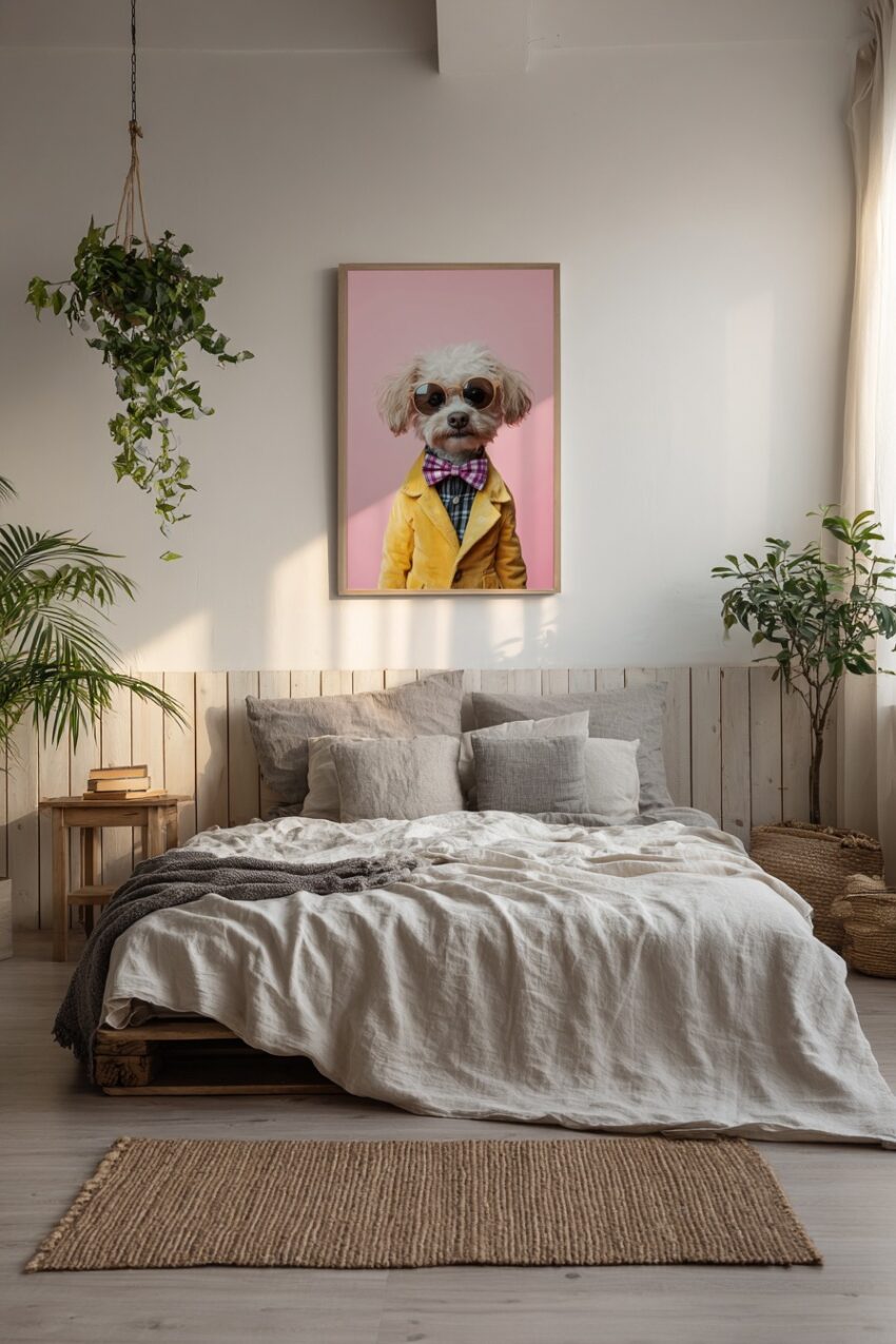 Fotografie Poster Hund modisch Outfit gelb rosa