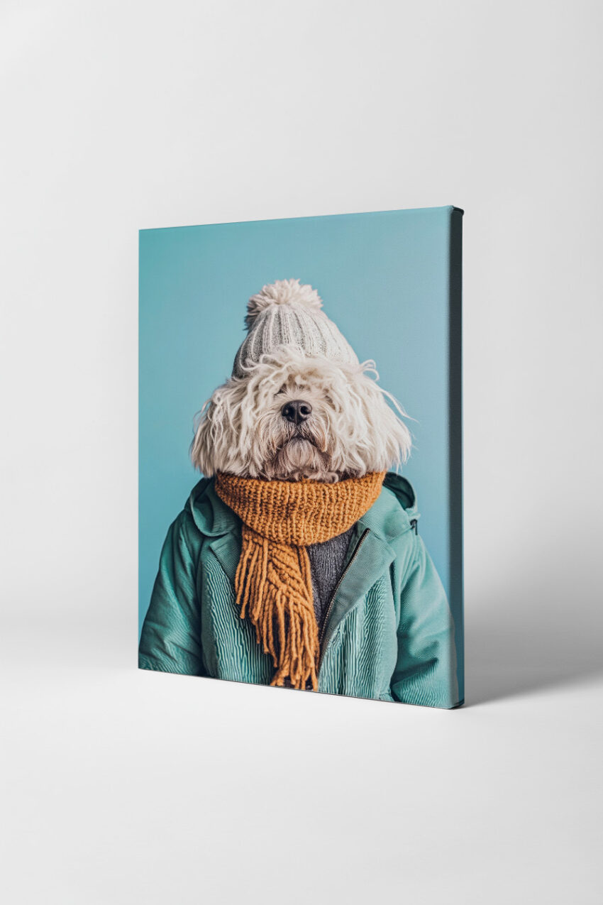 Fotografie Poster Hund Wintermütze Schal weiss