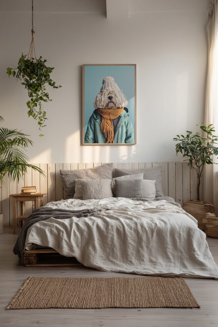 Fotografie Poster Hund Wintermütze Schal weiss