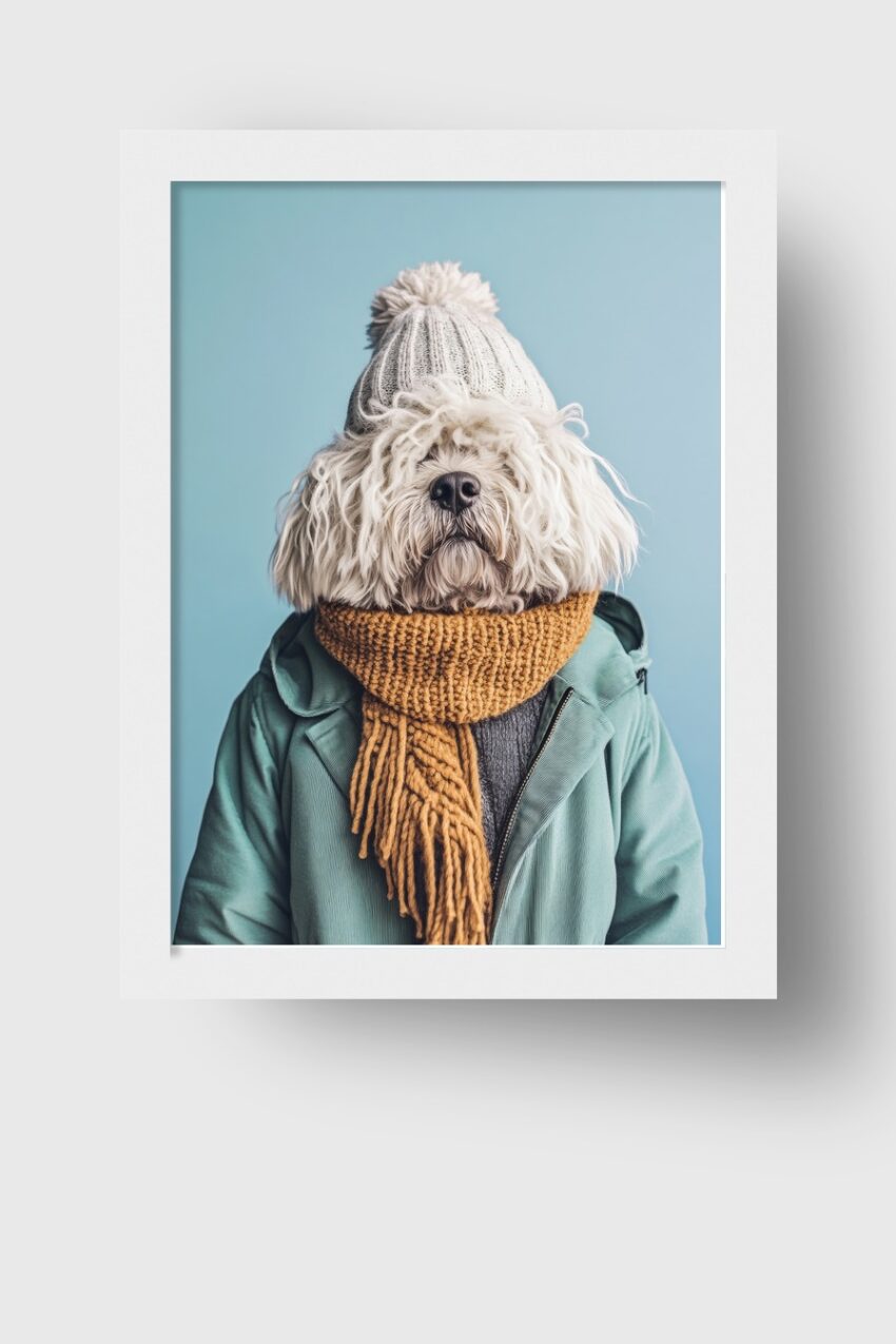 Fotografie Poster Hund Wintermütze Schal weiss
