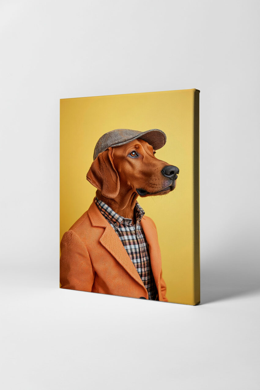 Fotografie Poster Hund mit Mütze und Jackett orange gelb