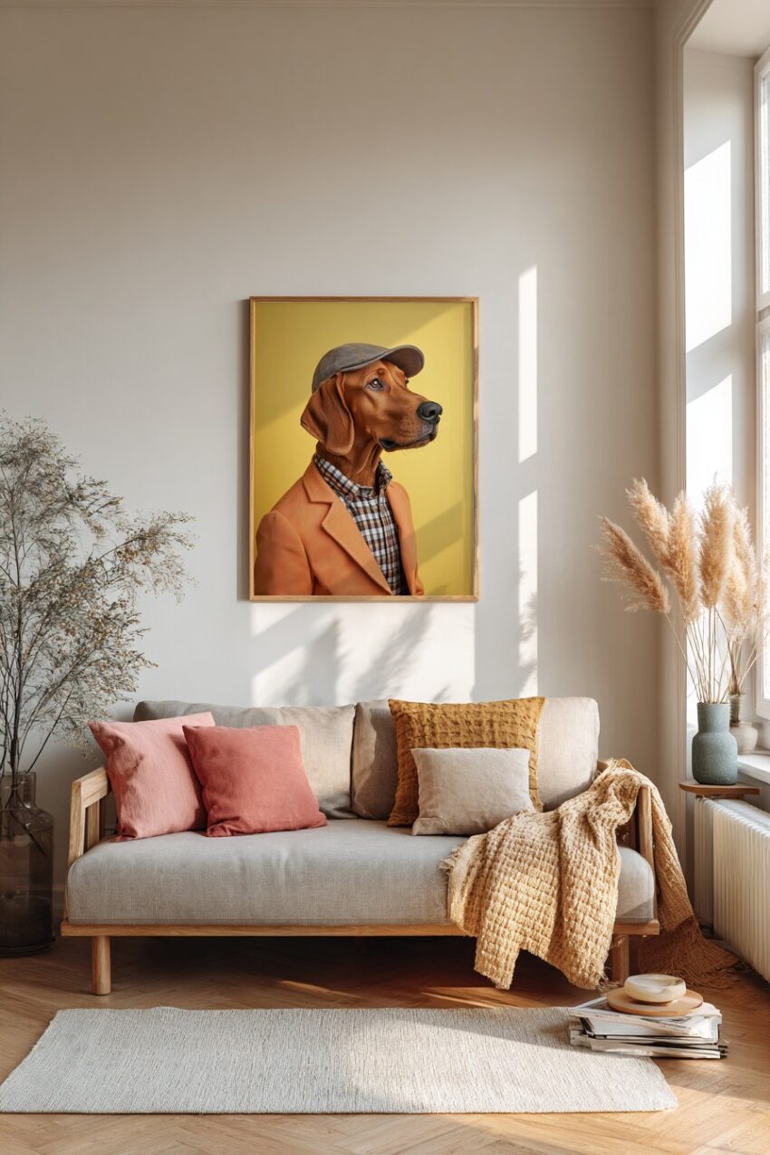 Fotografie Poster Hund mit Mütze und Jackett orange gelb