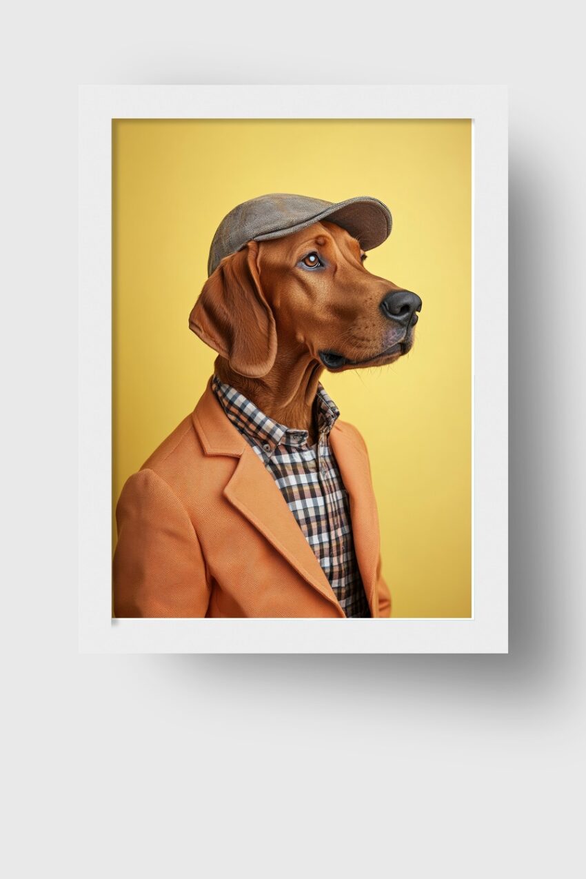 Fotografie Poster Hund mit Mütze und Jackett orange gelb