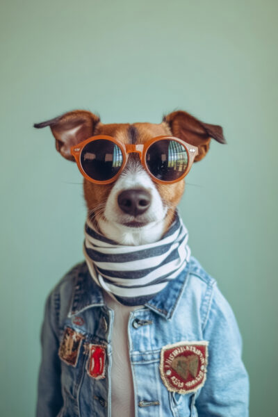 Hund mit Jeansjacke und Brille Poster