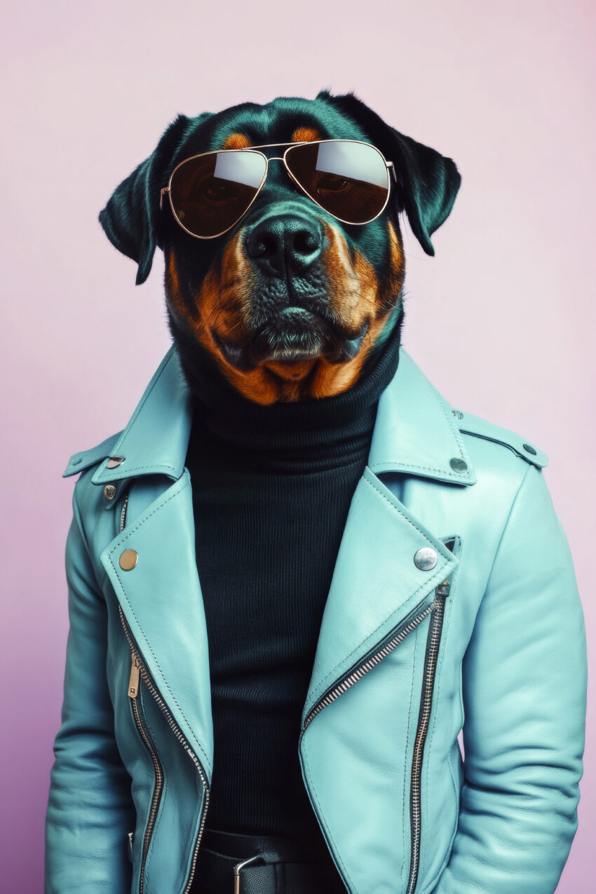 Fotografie Poster Rottweiler Lederjacke Sonnenbrille frontal