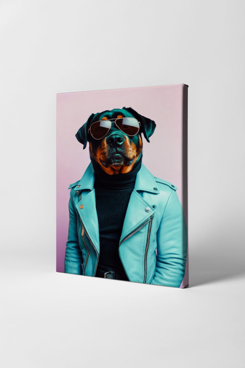 Fotografie Poster Rottweiler Lederjacke Sonnenbrille frontal