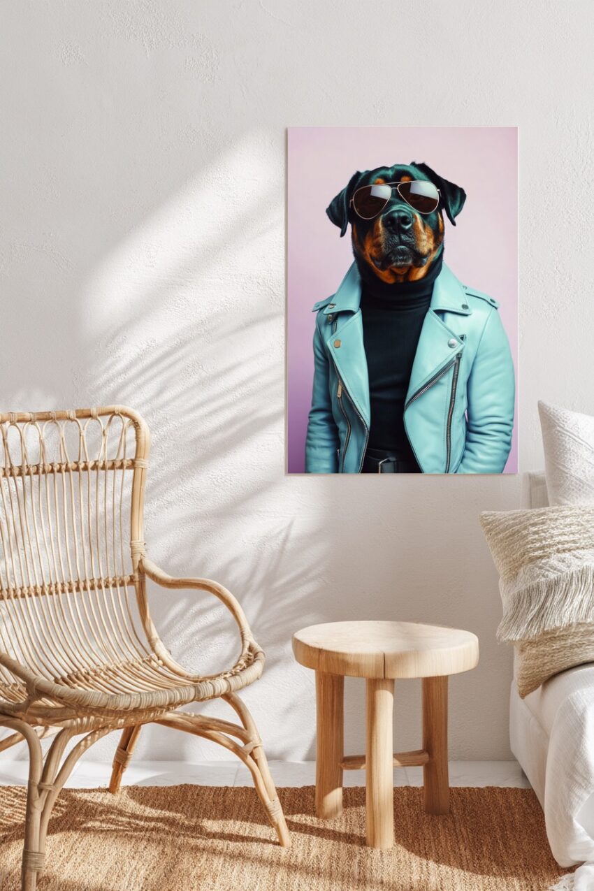 Fotografie Poster Rottweiler Lederjacke Sonnenbrille frontal