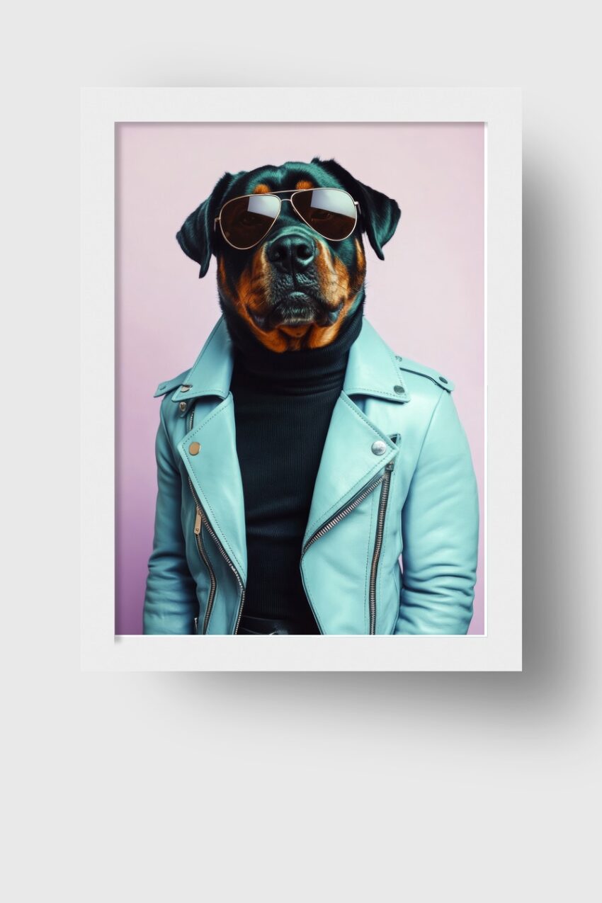 Fotografie Poster Rottweiler Lederjacke Sonnenbrille frontal