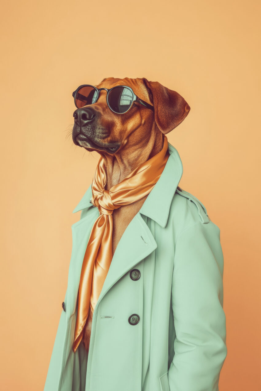 Fotografie Poster Hund Sonnenbrille Trenchcoat Seidenschal orange türkis