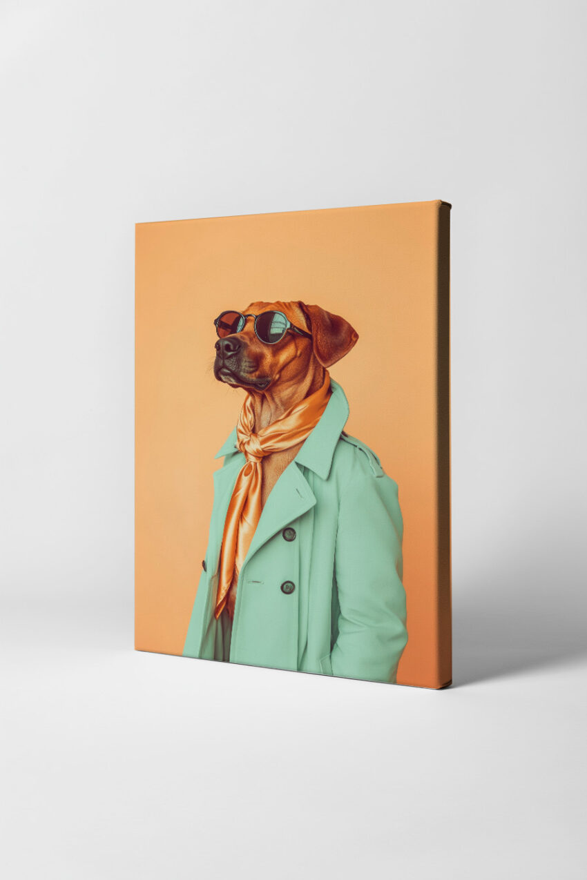 Fotografie Poster Hund Sonnenbrille Trenchcoat Seidenschal orange türkis