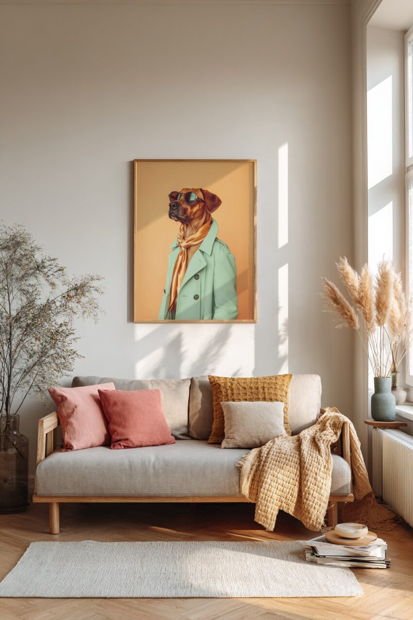 Fotografie Poster Hund Sonnenbrille Trenchcoat Seidenschal orange türkis