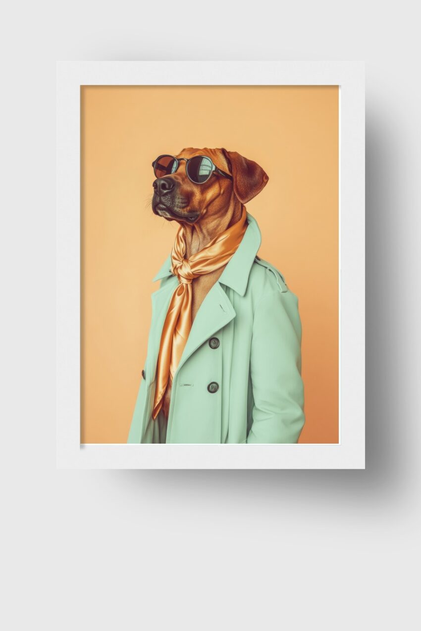 Fotografie Poster Hund Sonnenbrille Trenchcoat Seidenschal orange türkis