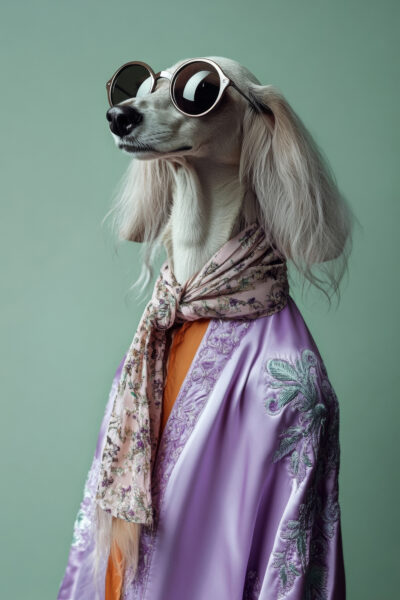 Windhund mit Schal und Sonnenbrille Gerahmt