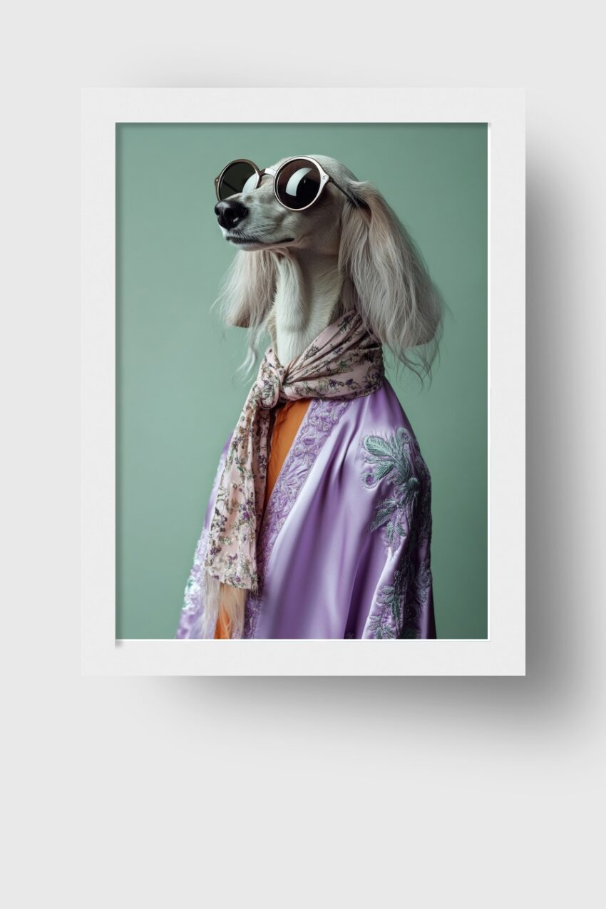 Fotografie Poster Windhund mit Schal und Sonnenbrille minimalistisch