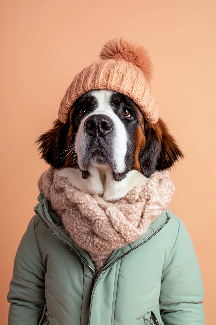 Fotografie Poster berner sennenhund mit Mütze und Schal warm