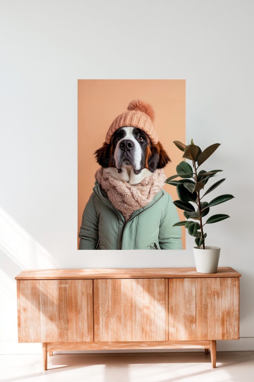 Fotografie Poster berner sennenhund mit Mütze und Schal warm