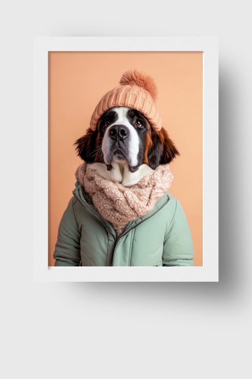 Fotografie Poster berner sennenhund mit Mütze und Schal warm