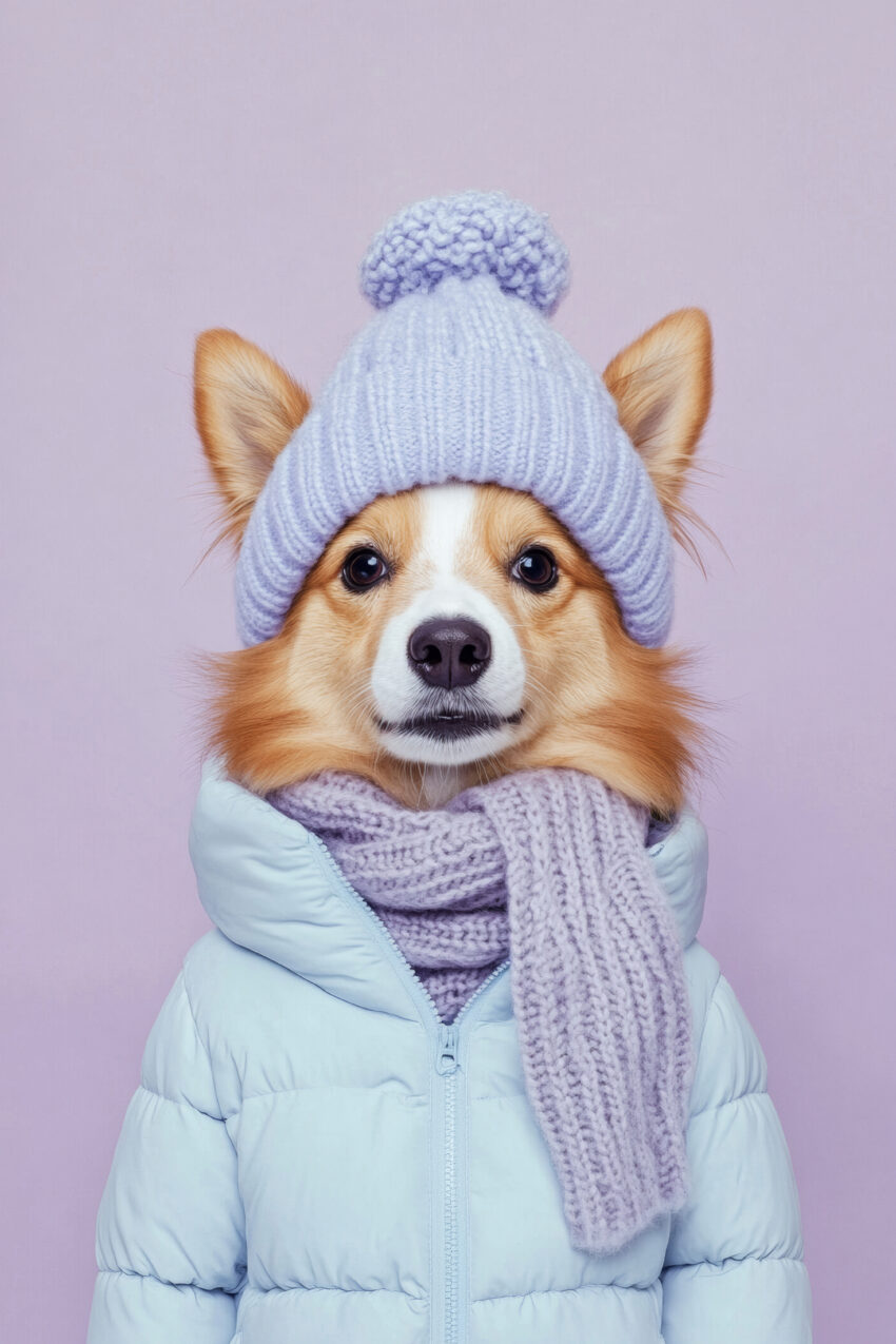 Fotografie Poster Corgi Winterjacke Strickmütze pastell lila
