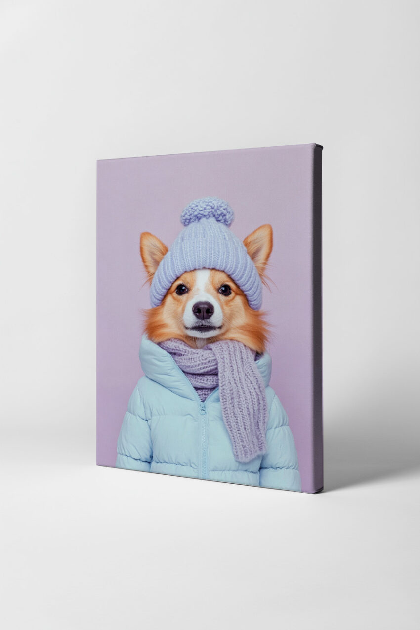 Fotografie Poster Corgi Winterjacke Strickmütze pastell lila