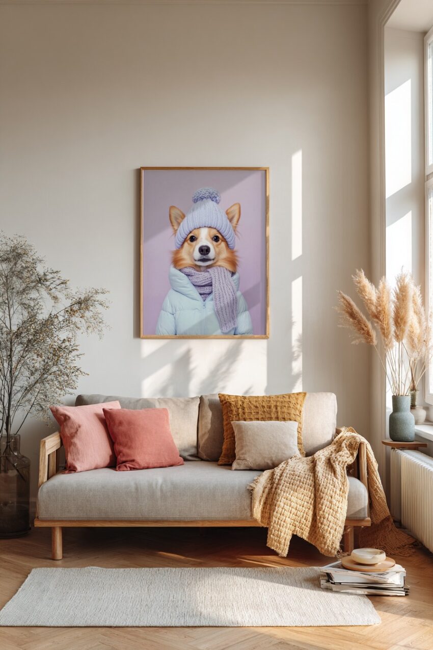 Fotografie Poster Corgi Winterjacke Strickmütze pastell lila